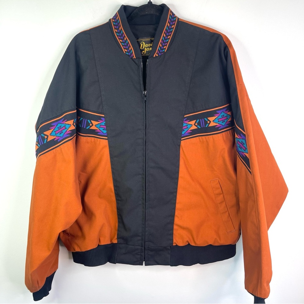 Vintage David James Southwestern Aztec Fleece Lined Bomber Jacket Size Large